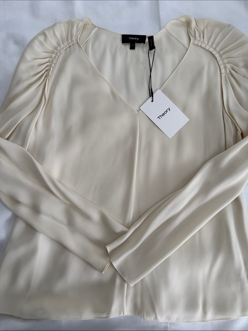 Theory Silk V-Neck Long Sleeve Blouse in Ivory